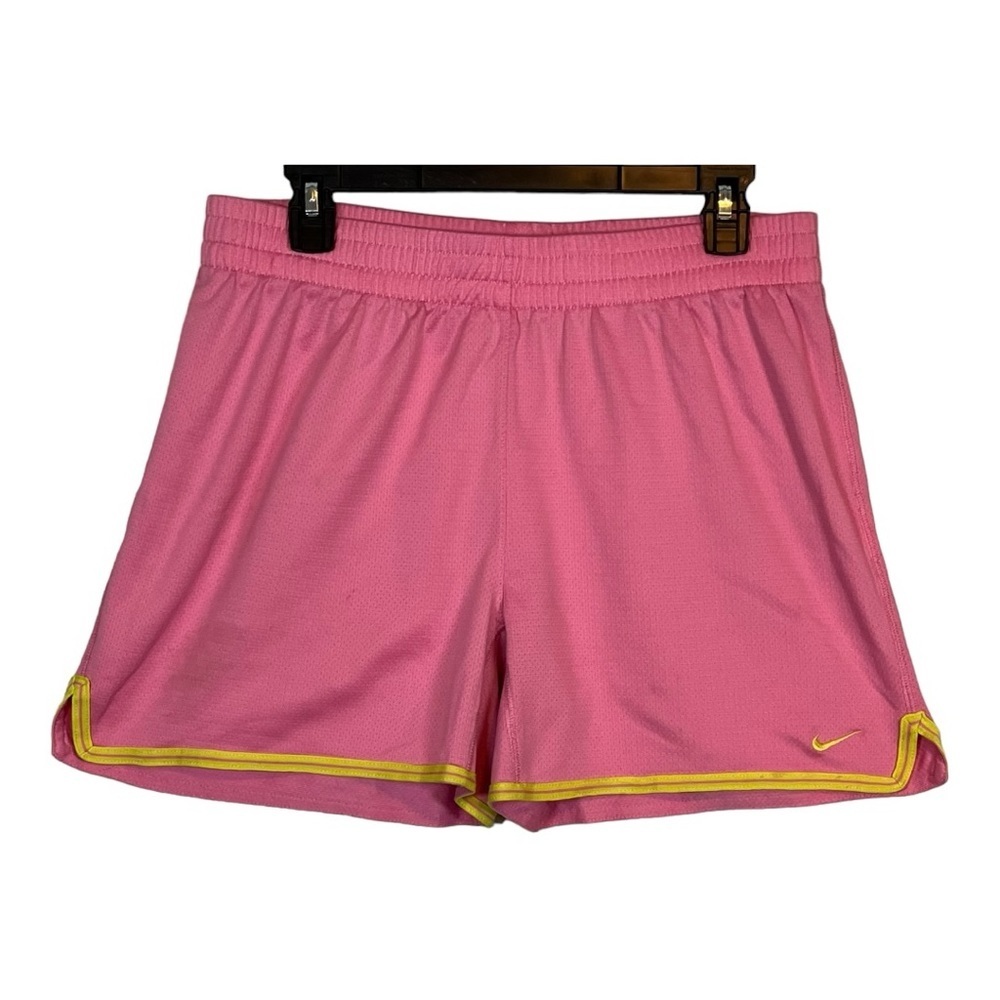 NIKE DRI-FIT WOMEN'S PINK AND YELLOW ATHLETIC MESH GYM SHORTS SIZE LARGE